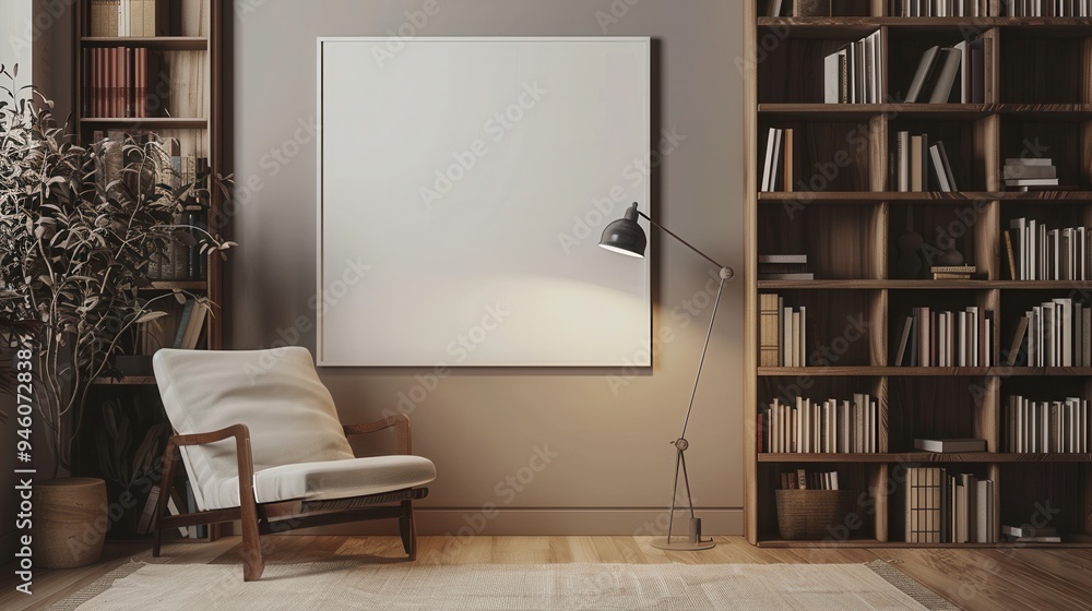 Minimalist living room with a white framed picture and a wooden bookcase filled with books Minimalist living room with a white framed picture and a wooden bookcase filled with books