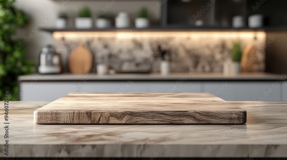 Empty wooden plate on a wood table, blurred modern kitchen background, and wooden desk space. Wooden pedestal of free space for your decoration, board of brown wood, and mockup backdrop, cozy home con Empty wooden plate on a wood table, blurred modern kitchen background, and wooden desk space. Wooden pedestal of free space for your decoration, board of brown wood, and mockup backdrop, cozy home con