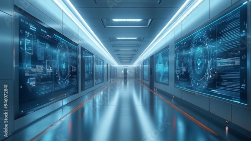 A high-tech hospital wing showcases advanced information systems on large screens, illuminated by bright, cool lighting in a sterile environment.