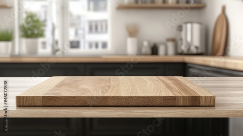 Empty wooden plate on a wood table, blurred modern kitchen background, and wooden desk space. Wooden pedestal of free space for your decoration, board of brown wood, and mockup backdrop, cozy home con