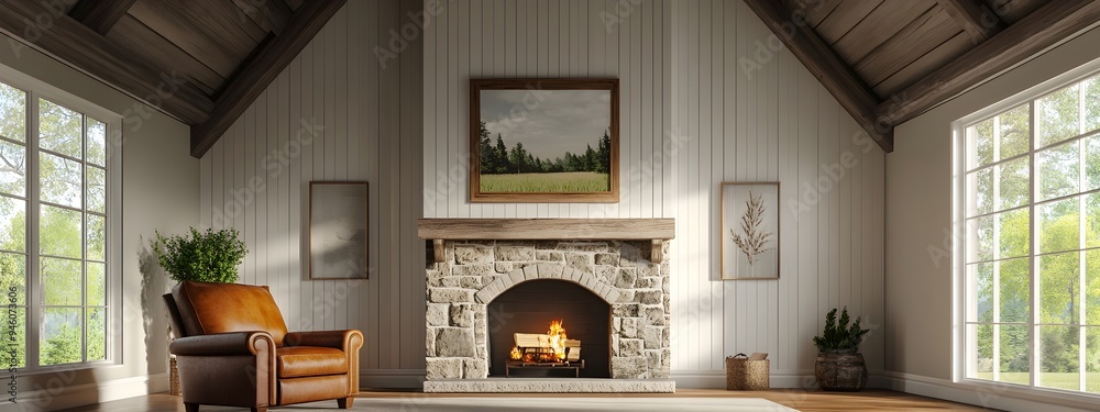 Cozy and inviting farmhouse style great room with vaulted ceiling exposed wooden trusses and a stone fireplace surrounded by shiplap Cozy and inviting farmhouse style great room with vaulted ceiling exposed wooden trusses and a stone fireplace surrounded by shiplap