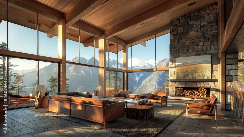 Modern Cabin Living Room with Mountain Views Modern Cabin Living Room with Mountain Views