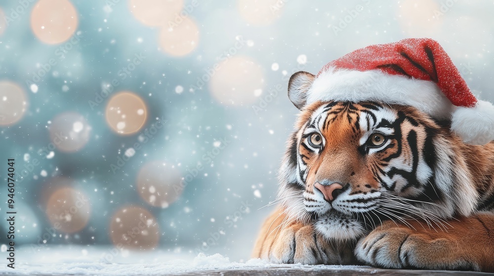 A festive tiger in a Santa hat surrounded by softly falling snow, capturing the spirit of the holiday season. A festive tiger in a Santa hat surrounded by softly falling snow, capturing the spirit of the holiday season.