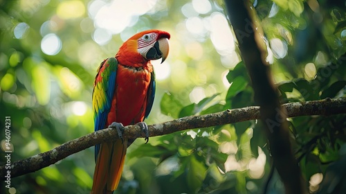 A colorful parrot perched on a tree branch in a tropical rainforest.