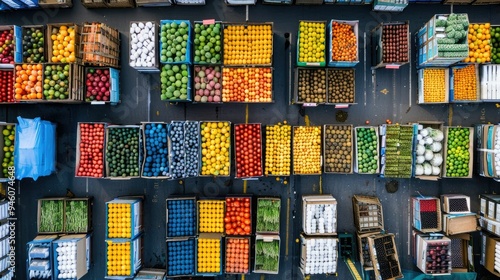 Pallets of goods organized in a grid pattern