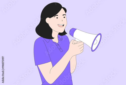 Young woman isolated on background speaking into a megaphone. Concept of human emotions facial expression. Vector flat illustration.