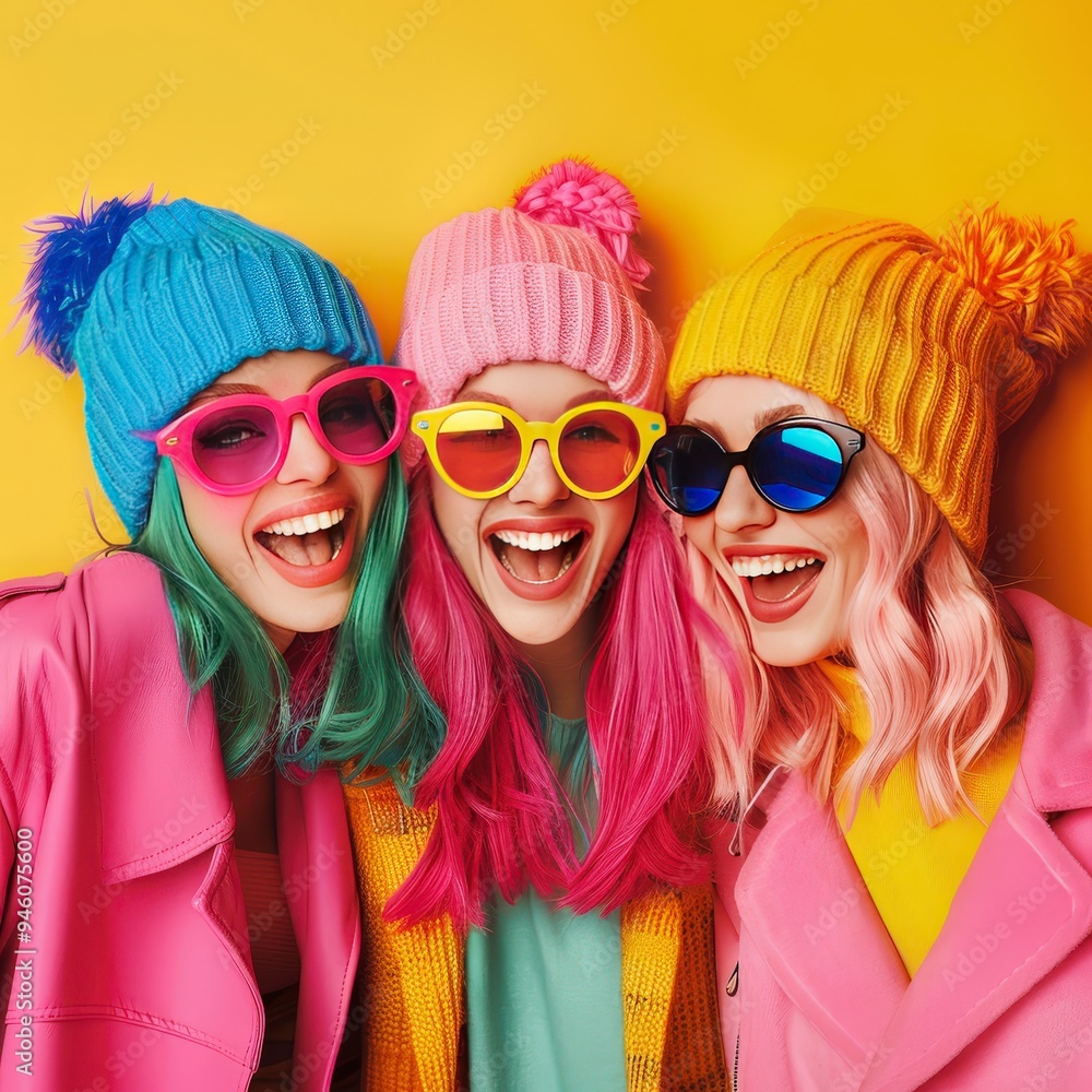Three women with colorful hair and hats smiling against a bright yellow background. Three women with colorful hair and hats smiling against a bright yellow background.