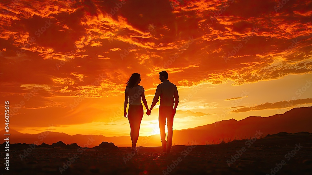 A couple holding hands and gazing at each other with a backdrop of a romantic sunset. A couple holding hands and gazing at each other with a backdrop of a romantic sunset.