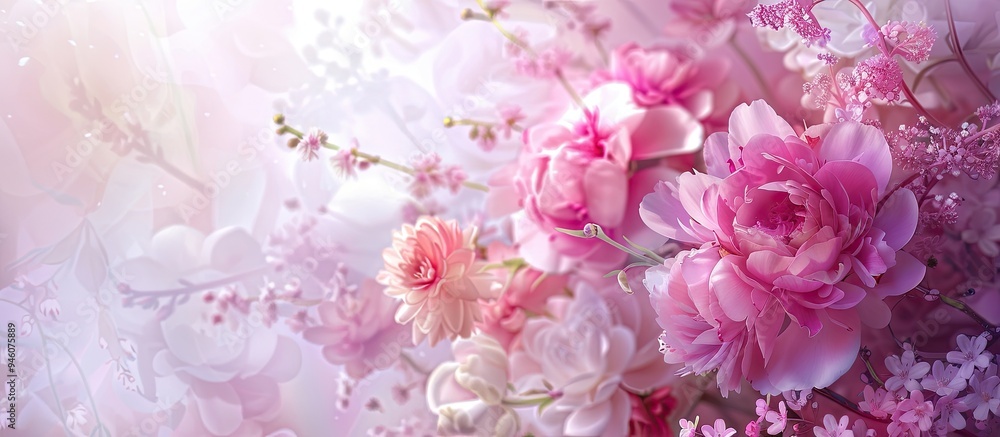 Peony and wildflower arrangement on a white and lilac backdrop. Copy space image. Place for adding text and design Peony and wildflower arrangement on a white and lilac backdrop. Copy space image. Place for adding text and design