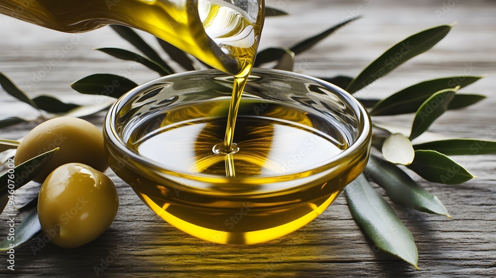 Oil being poured into a bowl on a wooden table, with olive leaves and olives on the side, in close-up Oil being poured into a bowl on a wooden table, with olive leaves and olives on the side, in close-up
