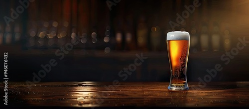 Pilsner beer glass on a dark pub table with copyspace photo