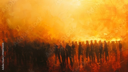 Moses guides a multitude of followers amidst a golden, fiery glow, symbolizing hope and faith during their journey to freedom.