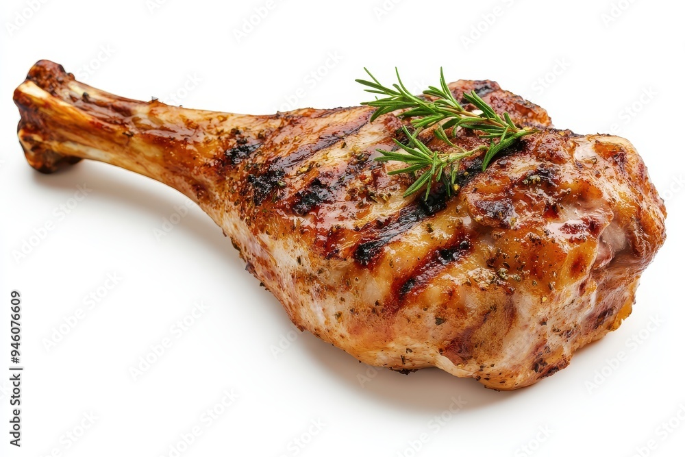 Grilled meat leg with herbs, showcasing delicious food presentation. Grilled meat leg with herbs, showcasing delicious food presentation.