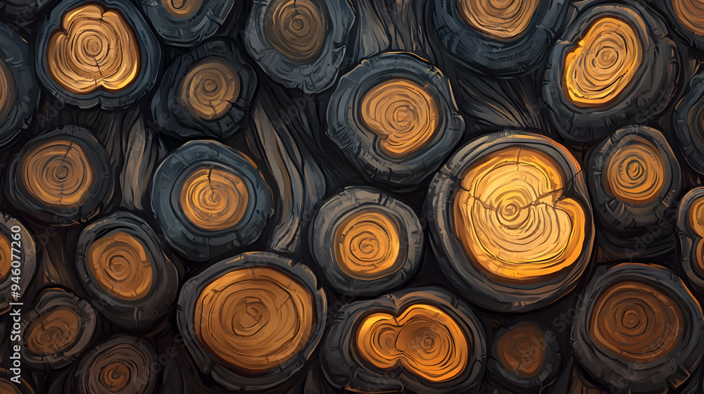 Close-up of a stack of tree logs with the exposed rings showing the age of the wood, painted in a digital illustration style. Close-up of a stack of tree logs with the exposed rings showing the age of the wood, painted in a digital illustration style.