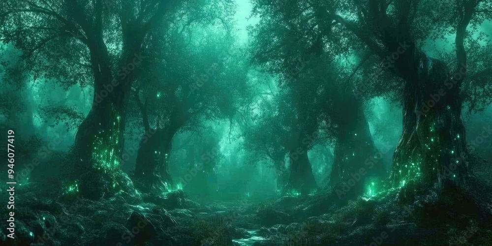 Fototapeta premium Glowing forest path with luminous trees.