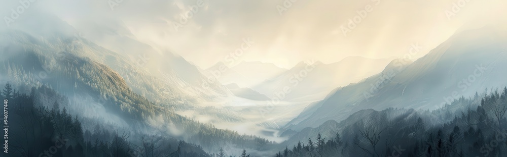 Misty Mountain Valley with Silhouetted Trees at Dawn Misty Mountain Valley with Silhouetted Trees at Dawn