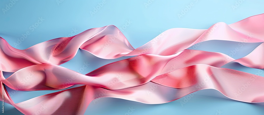 The pink satin ribbon is arranged in a wave like pattern against a blue backdrop An ideal choice for your design Copy space The pink satin ribbon is arranged in a wave like pattern against a blue backdrop An ideal choice for your design Copy space