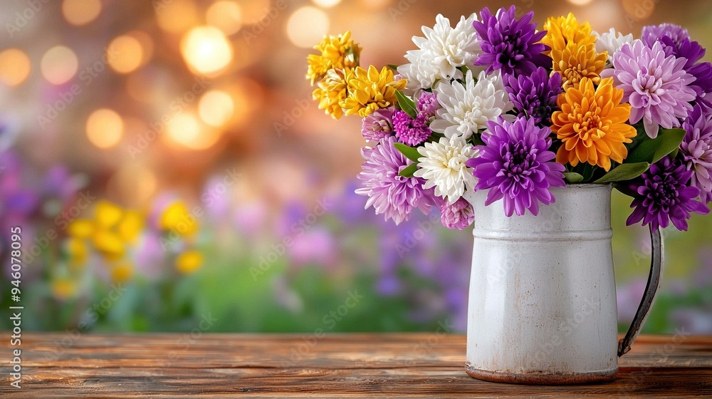 A close-up photo of a vase filled with colorful flowers sitting on a wooden table with a shallow depth of field, creating a bokeh effect with softly blurred background light A close-up photo of a vase filled with colorful flowers sitting on a wooden table with a shallow depth of field, creating a bokeh effect with softly blurred background light