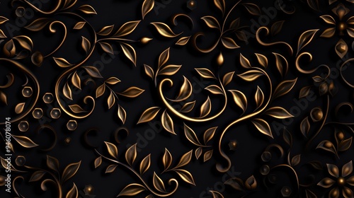 Elegant floral pattern featuring golden leaves on a dark background, perfect for backgrounds and decorative designs.