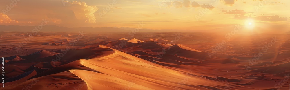 Naklejka premium Golden Sunset Over a Desert Landscape with Rolling Sand Dunes