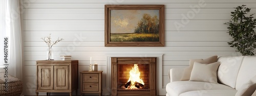 Cozy and inviting farmhouse style living room featuring white shiplap walls a linen sofa wooden side cabinet and an antique wooden frame displaying an impressionist painting
