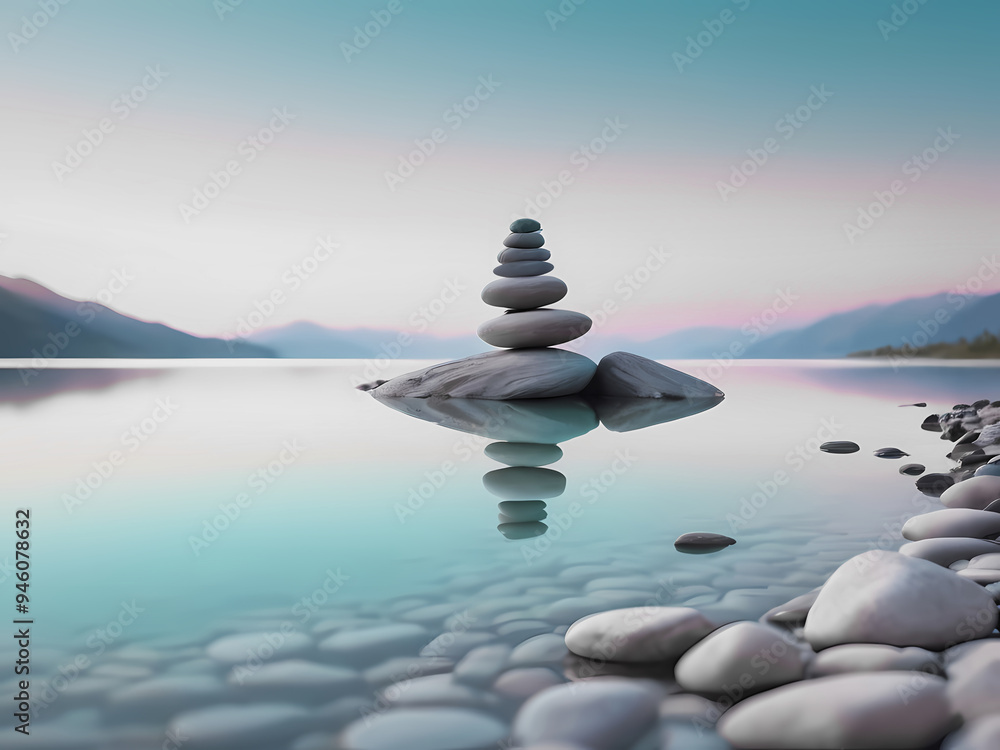 Zen Stones Reflecting in Turquoise Waters Against a Blush Horizon, Offering a Calming Aura with Ample Copy Space Zen Stones Reflecting in Turquoise Waters Against a Blush Horizon, Offering a Calming Aura with Ample Copy Space