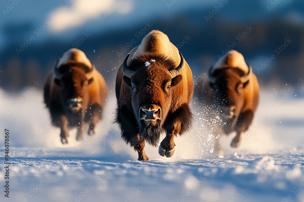 Bison herds moving together across the landscape, captured in a dynamic ...