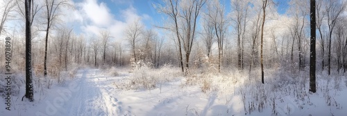 A winter scene in a forest, with snow on the ground and trees.