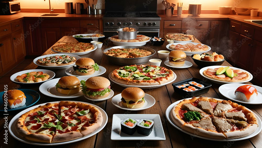 A large table filled with assorted takeout food such as pizza, burgers, and sushi A large table filled with assorted takeout food such as pizza, burgers, and sushi