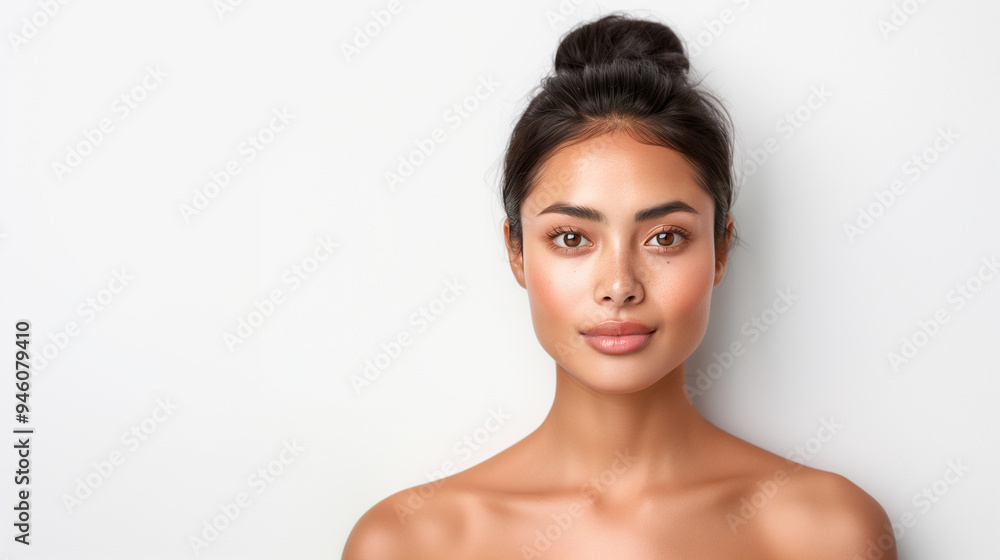 A gorgeous young Japanese woman with flawless, healthy skin, elegantly styled with a high bun, exuding confidence and natural beauty against a clean, white background. A gorgeous young Japanese woman with flawless, healthy skin, elegantly styled with a high bun, exuding confidence and natural beauty against a clean, white background.