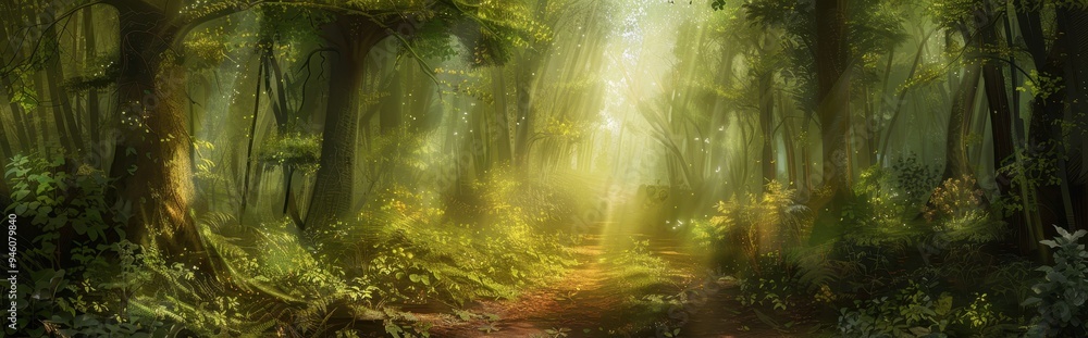 Naklejka premium Sunlit Path Through a Lush, Verdant Forest