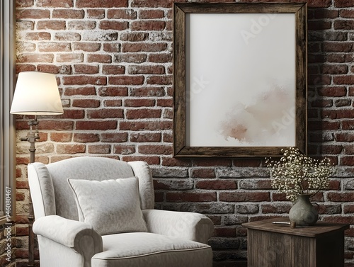 Cozy and inviting farmhouse style living room nook featuring exposed brick walls a plush armchair a vintage side table and an antique wooden frame mockup displaying abstract artwork