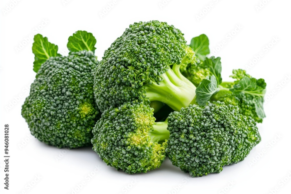 Fresh broccoli arranged on a white background, highlighting its vibrant green color. Fresh broccoli arranged on a white background, highlighting its vibrant green color.