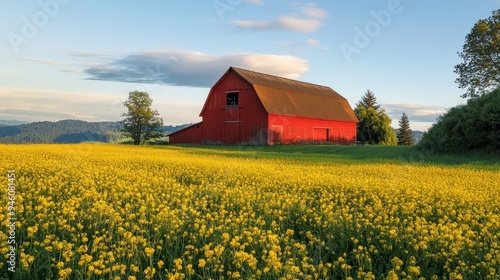 A barn in a field of yellow flowers.