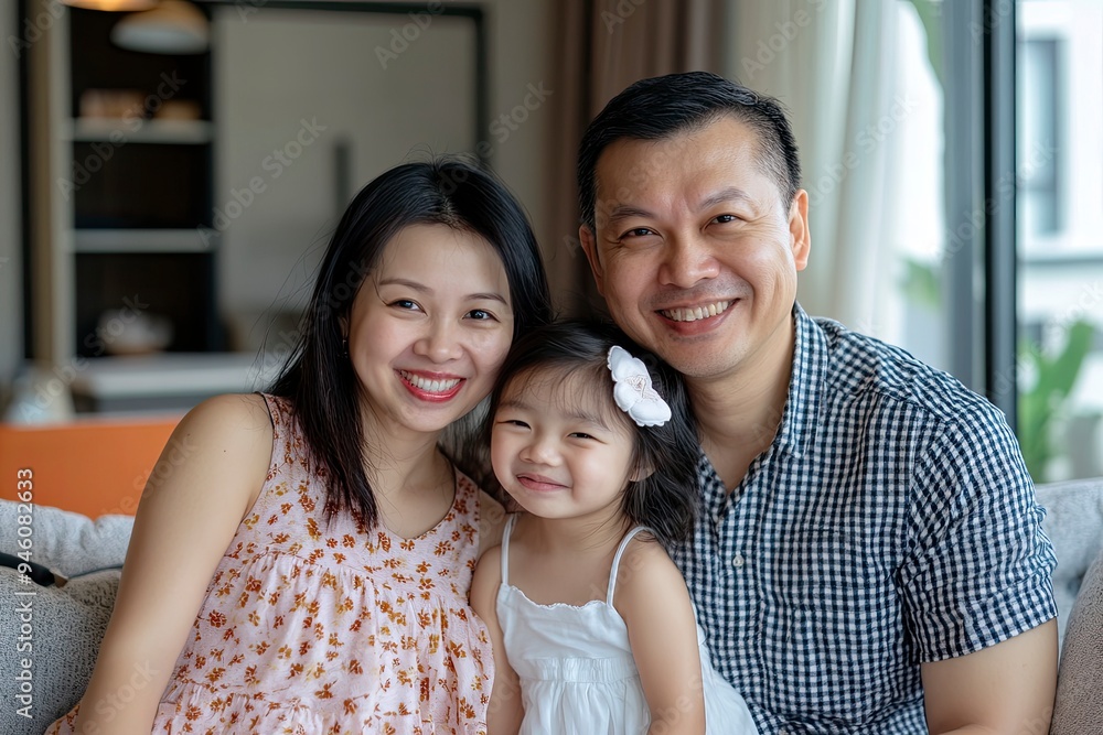 Smile, family and portrait on shoulder by sofa for weekend fun, happiness and bonding together. Playful, mom and dad with daughter in living room for support, care and love at home on fathers day, ai Smile, family and portrait on shoulder by sofa for weekend fun, happiness and bonding together. Playful, mom and dad with daughter in living room for support, care and love at home on fathers day, ai