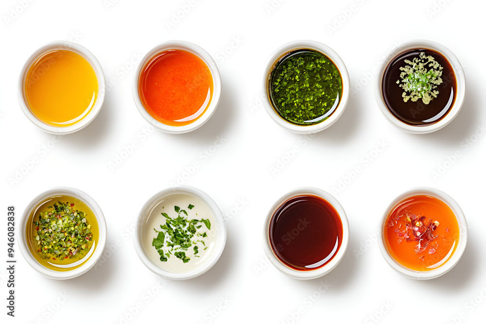 Minimalist collection of different sauces in bowls top view isolated on white background Minimalist collection of different sauces in bowls top view isolated on white background