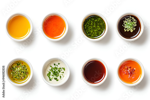 Minimalist collection of different sauces in bowls top view isolated on white background