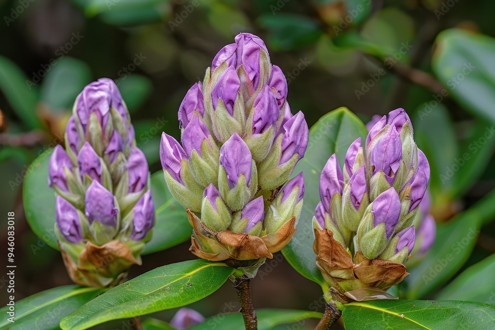 Close up of purple flowers and buds of Rhododendron Catawbiense Grandiflorum also known as Mountain rosebay