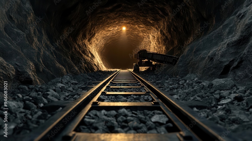 Naklejka premium A perspective view of a dimly lit mine tunnel with railway tracks leading into the distance, creating an eerie and mysterious atmosphere.