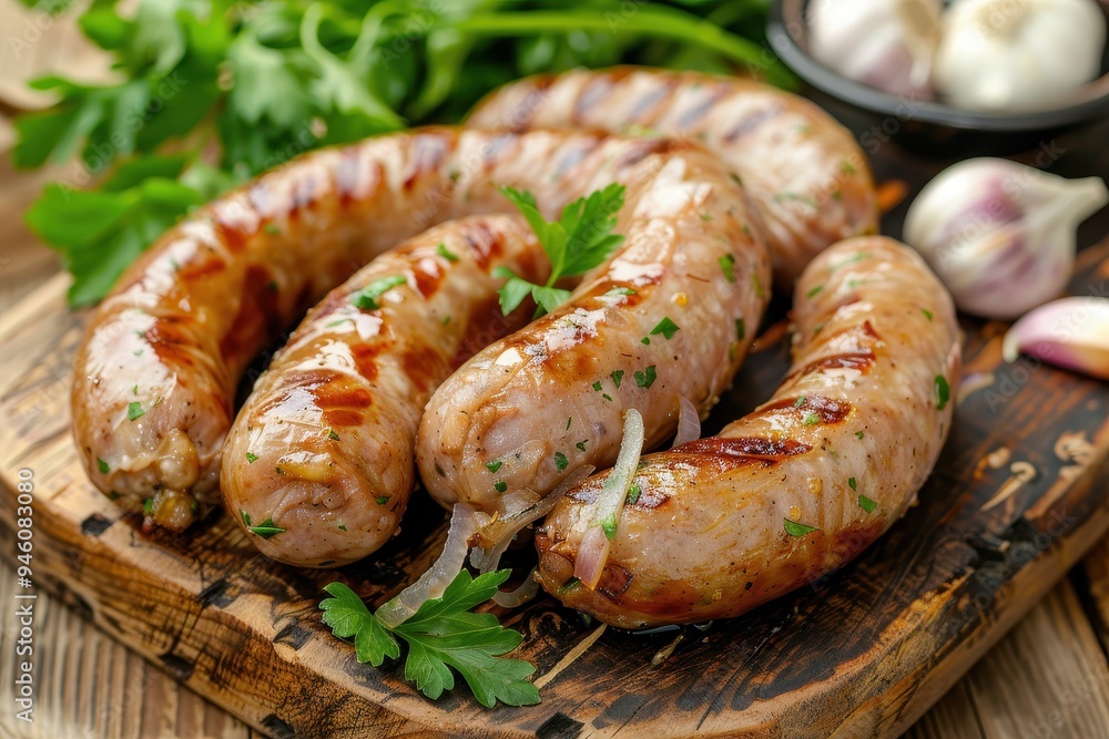 Close up of sausages with onions garlic and parsley on wood Close up of sausages with onions garlic and parsley on wood