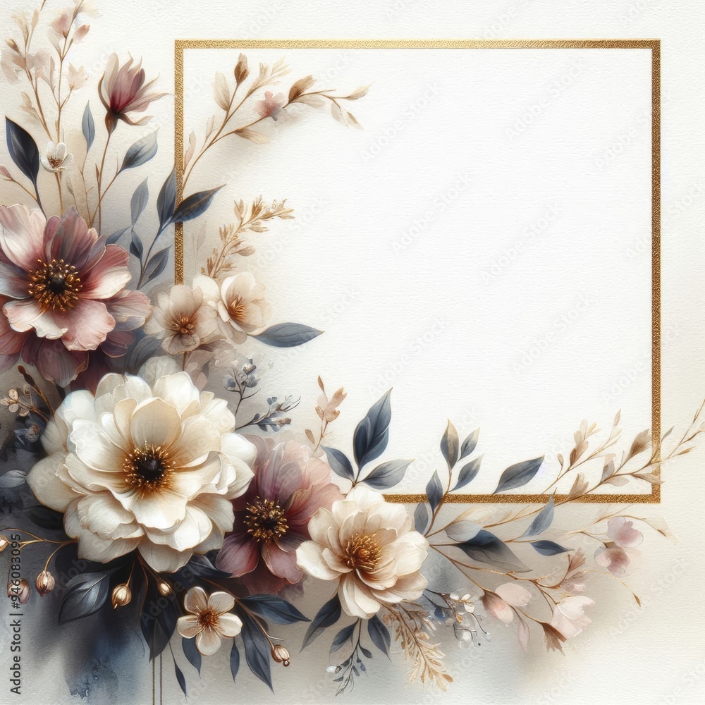 Elegant floral arrangement with soft tones and a golden border perfect for invitations. Elegant floral arrangement with soft tones and a golden border perfect for invitations.