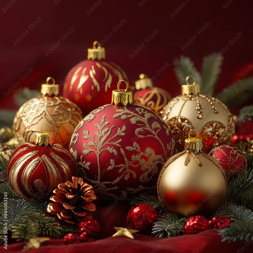 A collection of ornate Christmas ornaments in red and gold hues, featuring intricate designs, surrounded by pine cones and festive greenery, ideal for holiday cards, advertisements A collection of ornate Christmas ornaments in red and gold hues, featuring intricate designs, surrounded by pine cones and festive greenery, ideal for holiday cards, advertisements