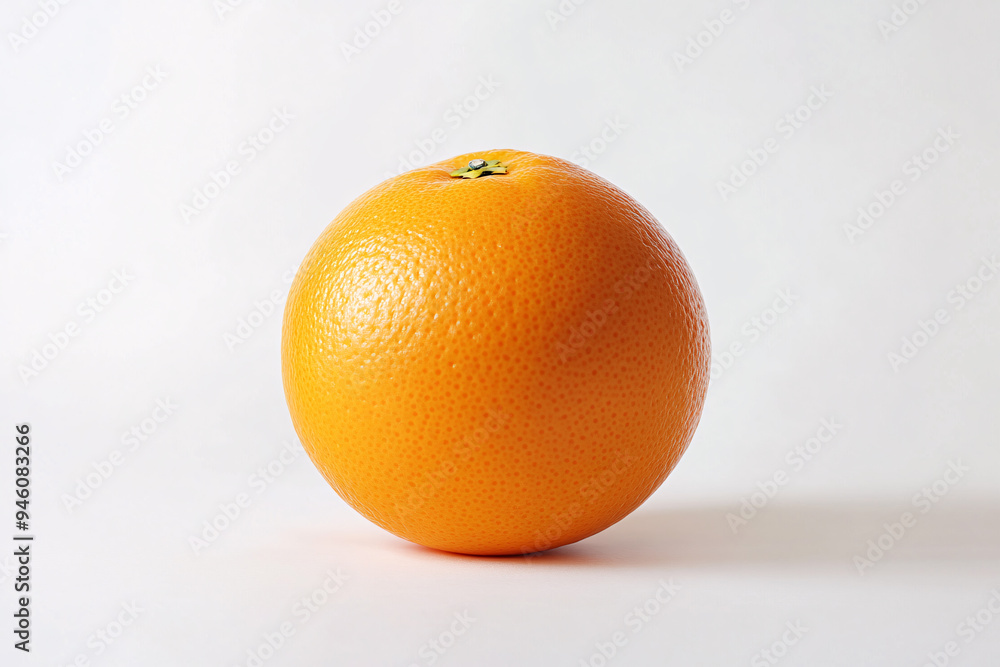 A realistic photograph showcases a perfectly round, fresh orange centered against a stark white background. The vibrant orange hue of the fruit contrasts sharply with the pure white backdrop. Focused A realistic photograph showcases a perfectly round, fresh orange centered against a stark white background. The vibrant orange hue of the fruit contrasts sharply with the pure white backdrop. Focused