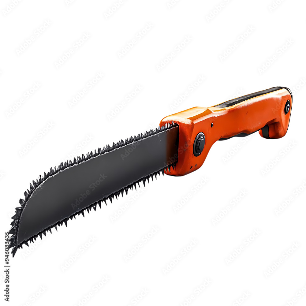 Folding Saw with Orange Handle, Cutting Wood with a Transparent Background Folding Saw with Orange Handle, Cutting Wood with a Transparent Background