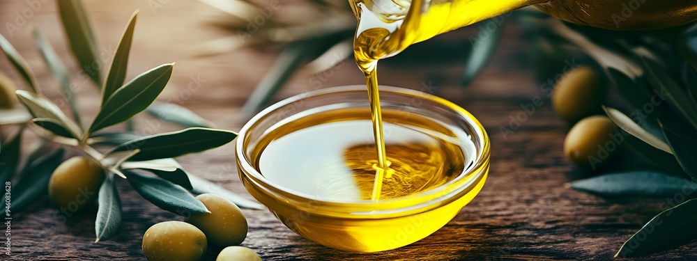 Oil being poured into a bowl on a wooden table, with olive leaves and olives on the side, in close-up Oil being poured into a bowl on a wooden table, with olive leaves and olives on the side, in close-up