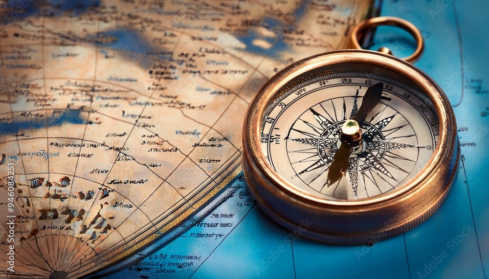 Antique compass close up on top of blued map, Generative AI Antique compass close up on top of blued map, Generative AI