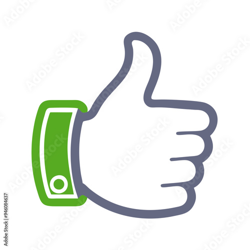 humbs up icon, green and gray outline, approval and like symbol