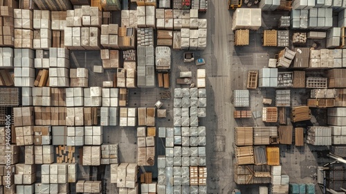 Pallets of goods organized in a grid pattern