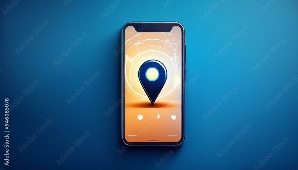 Cell phone with location icon, gps icon on mobile screen, blue background, Generative AI Cell phone with location icon, gps icon on mobile screen, blue background, Generative AI