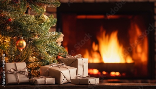 Christmas tree and gifts seen close up with burning fireplace blurred in the background in bokeh style, christmas background, Generative AI photo